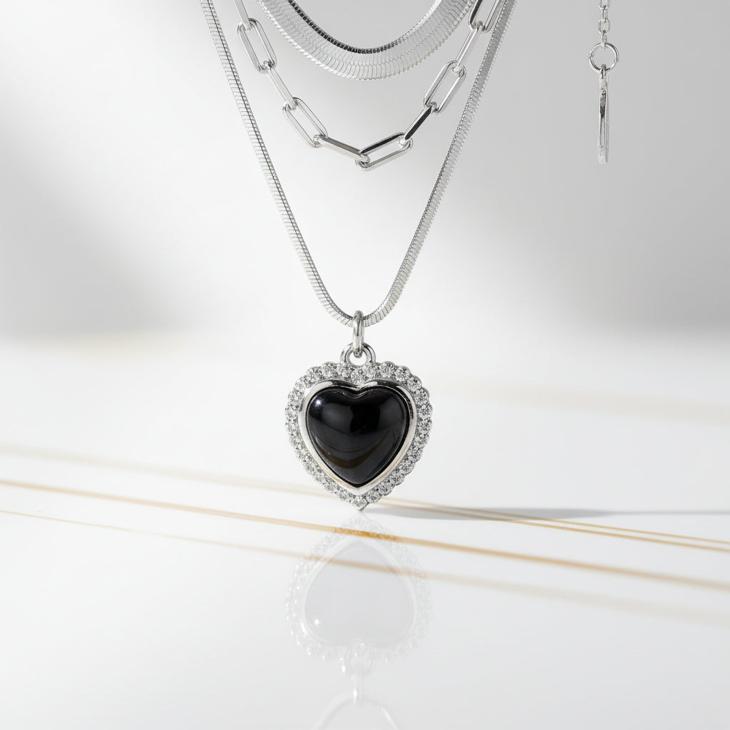 Heart Shaped Black Pendant Three Layer Choker Necklace-Black Diamonds New York