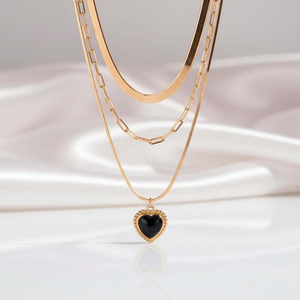 Heart Shaped Black Pendant Three Layer Choker Necklace-Black Diamonds New York