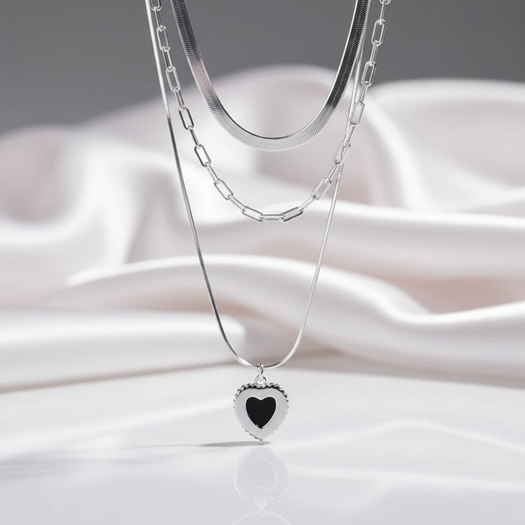Heart Shaped Black Pendant Three Layer Choker Necklace-Black Diamonds New York