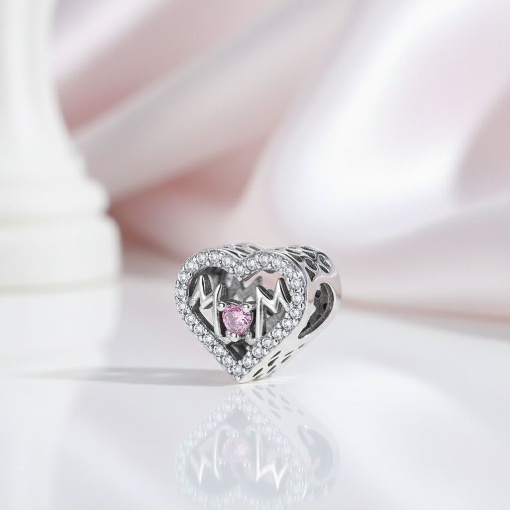 Heart Shaped Charm Bead with I love Mom-Black Diamonds New York