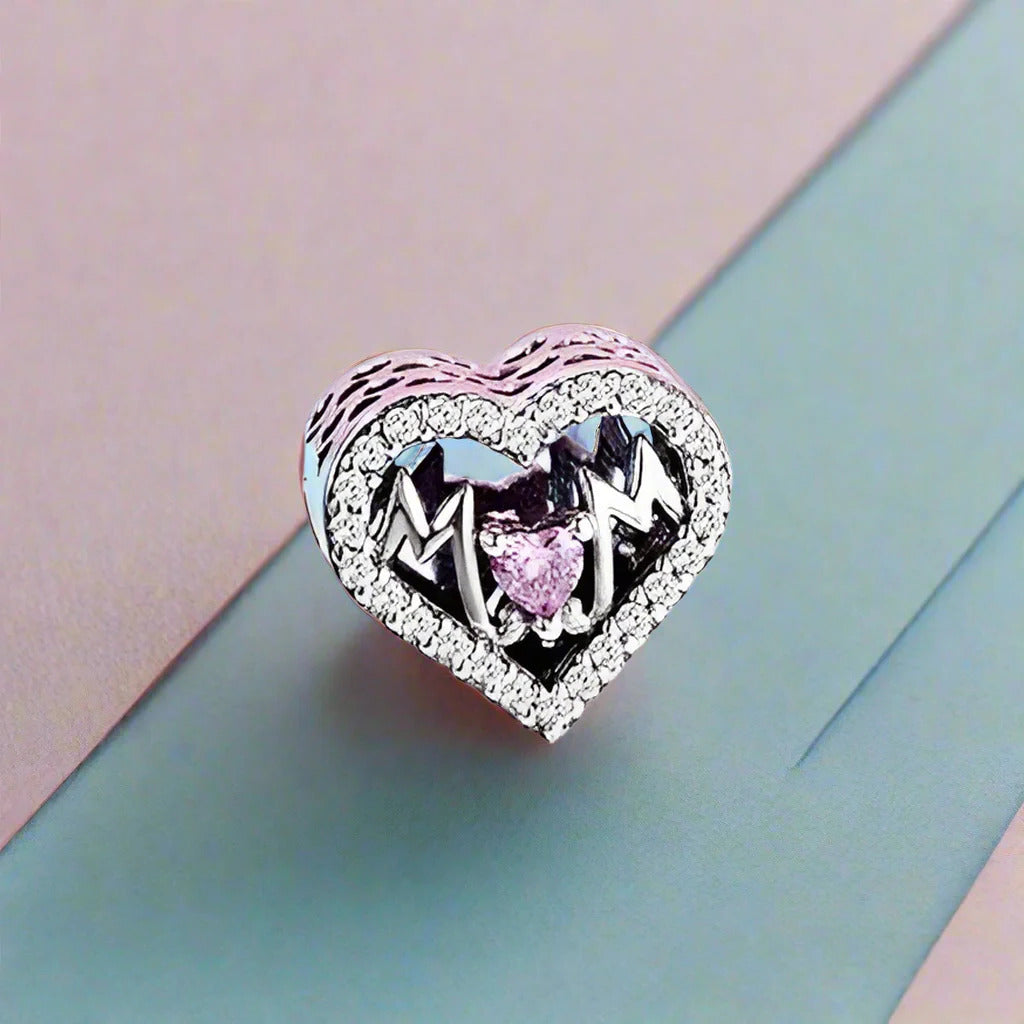 Heart Shaped Charm Bead with I love Mom-Black Diamonds New York