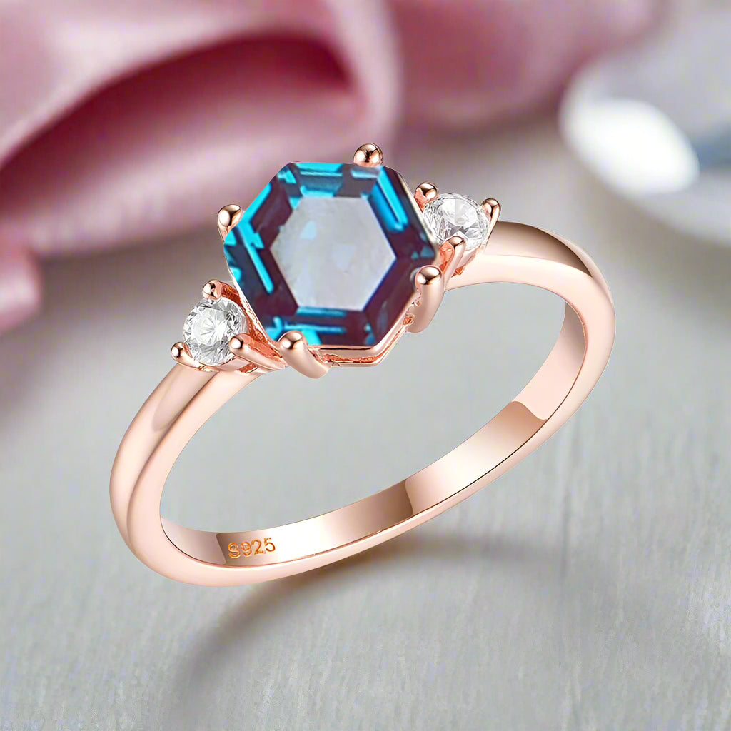 Hexagon Lab Grown Alexandrite Gemstone Ring-Black Diamonds New York
