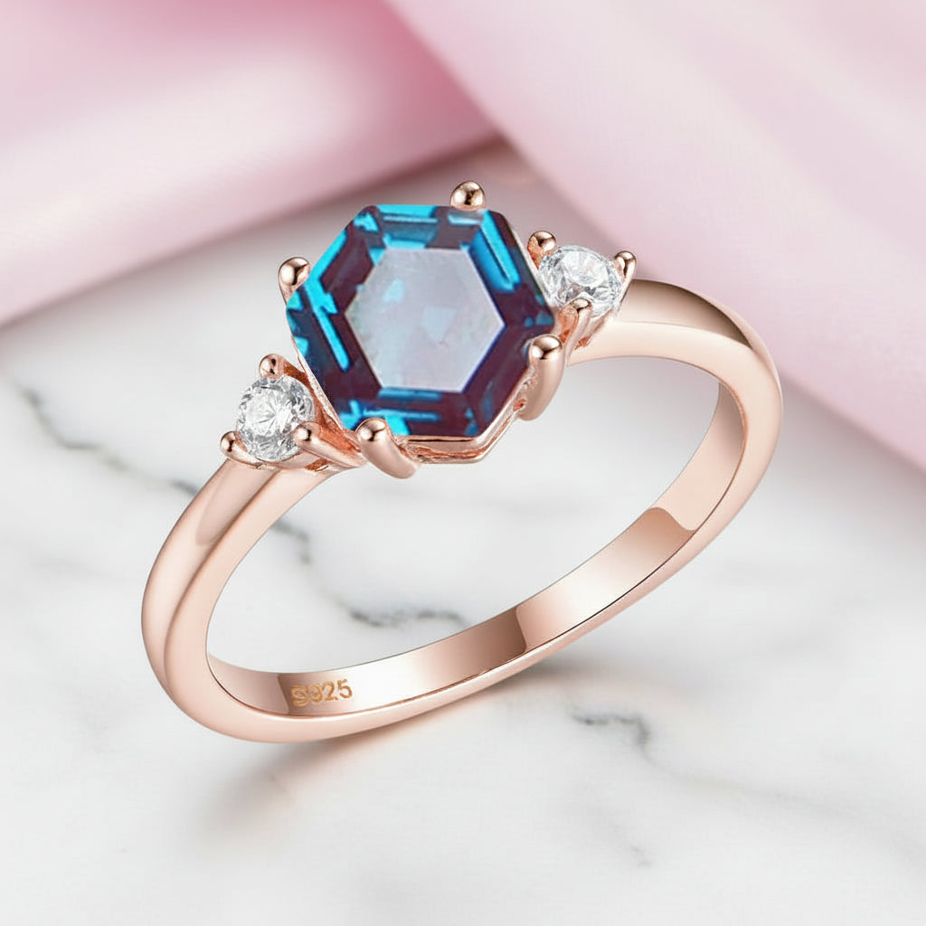Hexagon Lab Grown Alexandrite Gemstone Ring-Black Diamonds New York