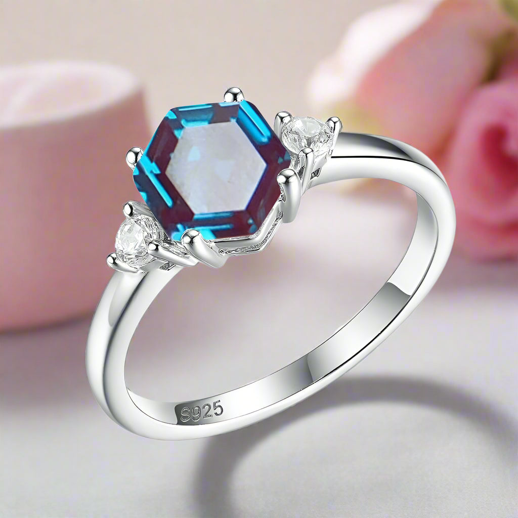 Hexagon Lab Grown Alexandrite Gemstone Ring-Black Diamonds New York