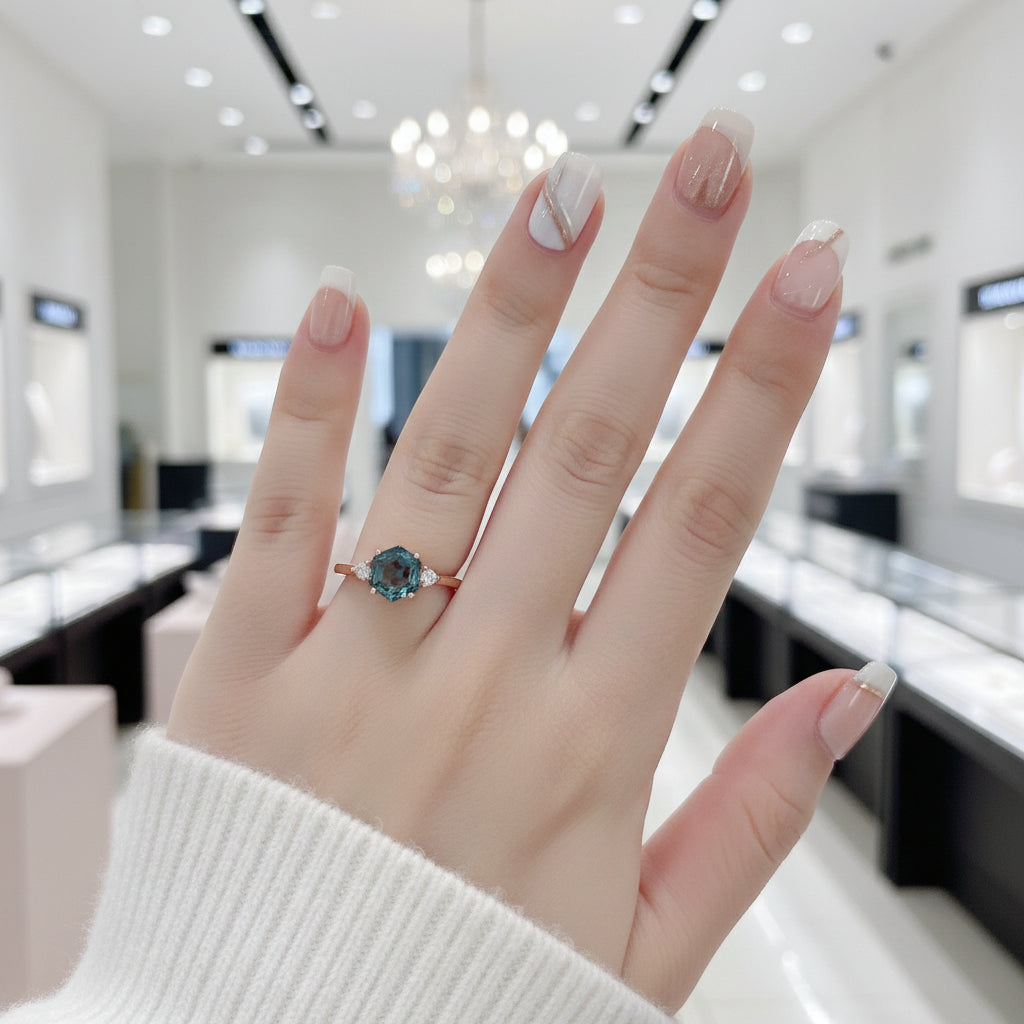 Hexagon Lab Grown Alexandrite Gemstone Ring-Black Diamonds New York