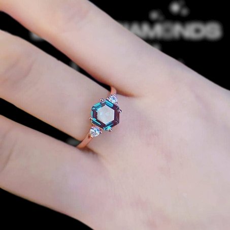 Hexagon Lab Grown Alexandrite Gemstone Ring-Black Diamonds New York