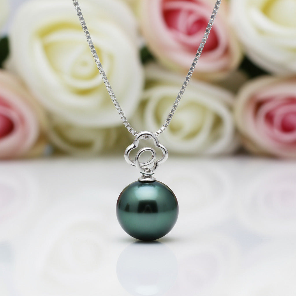 Hollow Flower Tahitian Pearl 18k Solid Gold Necklace-Black Diamonds New York