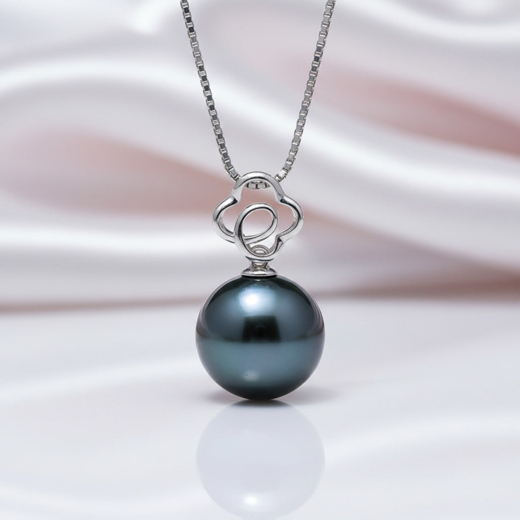 Hollow Flower Tahitian Pearl 18k Solid Gold Necklace-Black Diamonds New York