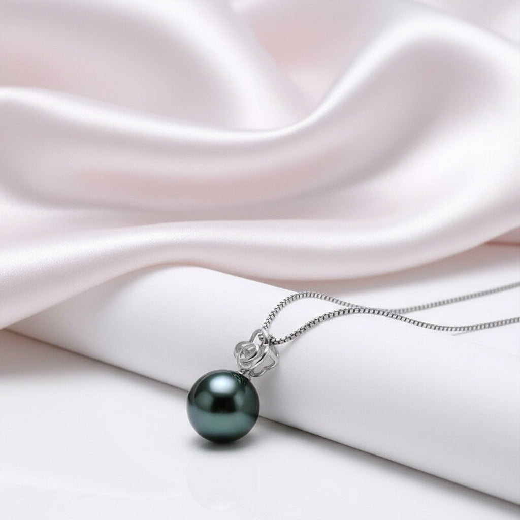 Hollow Flower Tahitian Pearl 18k Solid Gold Necklace-Black Diamonds New York
