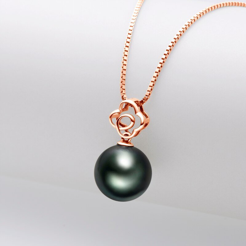 Hollow Flower Tahitian Pearl 18K Solid Gold Necklace-Black Diamonds New York