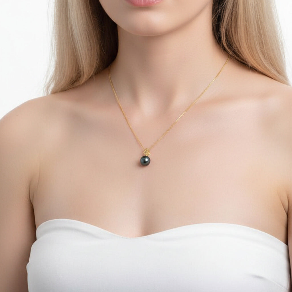 Hollow Flower Tahitian Pearl 18k Solid Gold Necklace-Black Diamonds New York