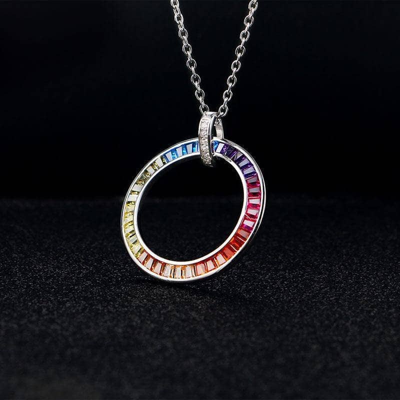 Hollow Round Circle Rainbow Crystal Pendant Necklace-Black Diamonds New York