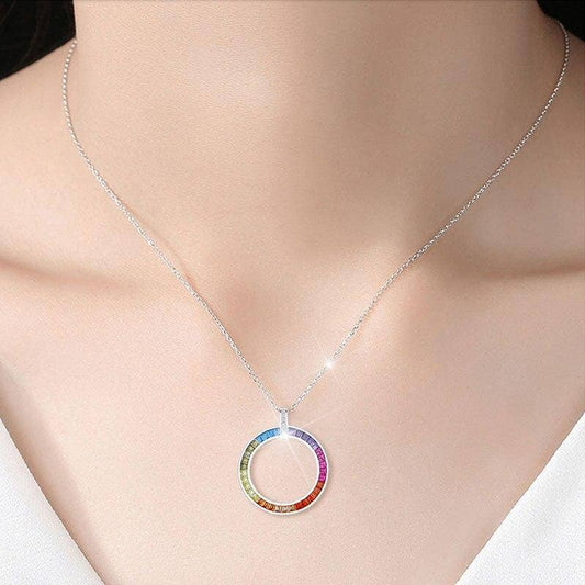 Hollow Round Circle Rainbow Crystal Pendant Necklace - Black Diamonds New York