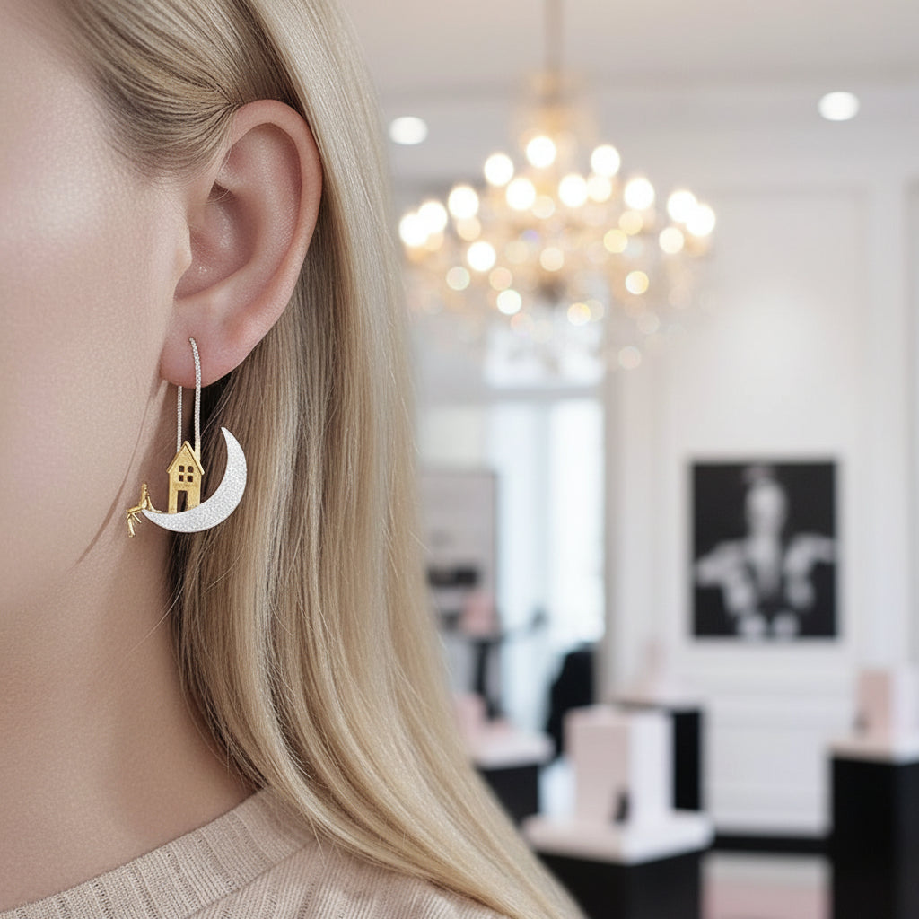 Home on the Moon Long Hanging Drop Earrings-Black Diamonds New York