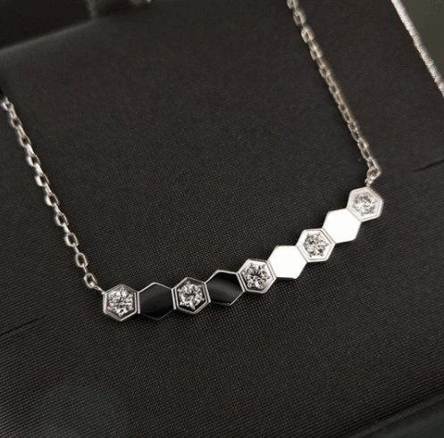 Honeycomb Hexagon Necklace For Women In Sterling Silver - Black Diamonds New York