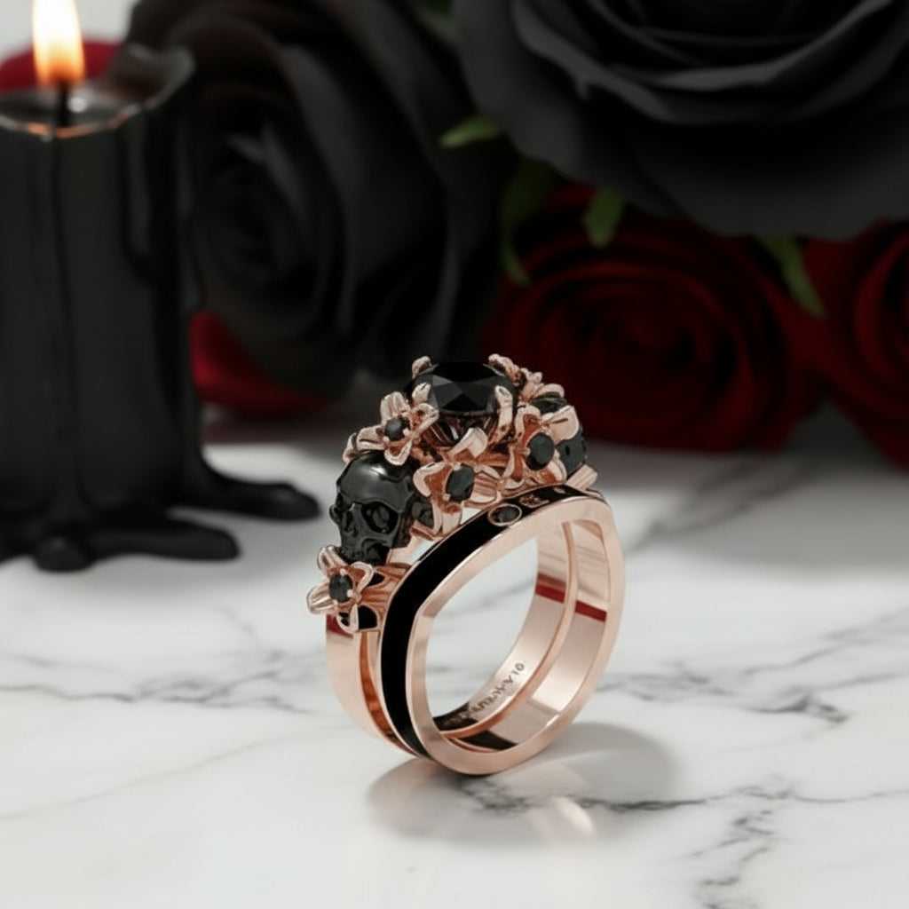 I Do Wedding Rings - 1.5 Ct Round Cut Diamond Skull Wedding Rings in 14K White Gold and Black Enamel-Black Diamonds New York