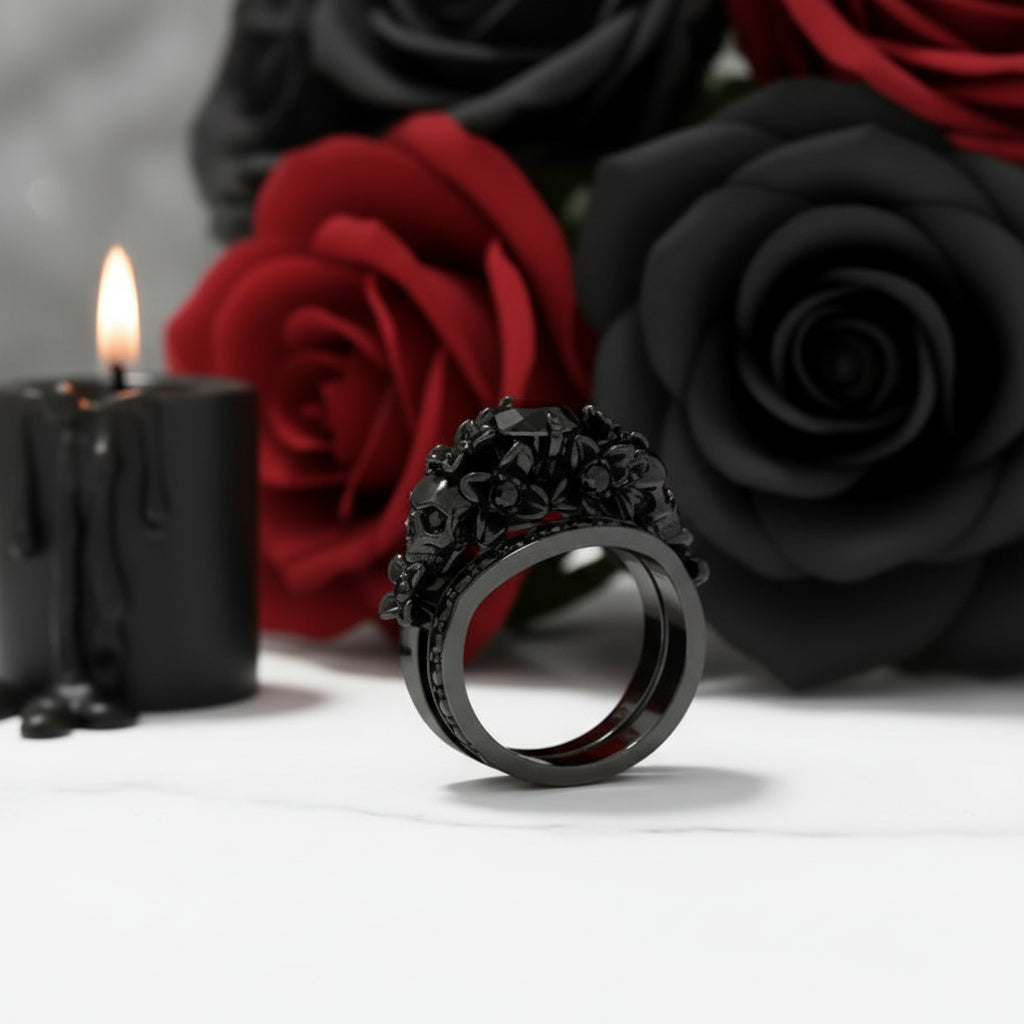I Do Wedding Rings - 1.5 Ct Round Cut Diamond Skull Wedding Rings in 14K White Gold and Black Enamel-Black Diamonds New York