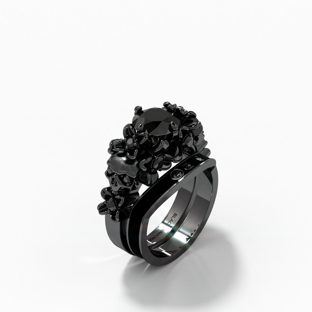 I Do Wedding Rings- 1.5ct Round Cut Diamond Skull Wedding Rings in 14k White Gold and Black Enamel-Black Diamonds New York