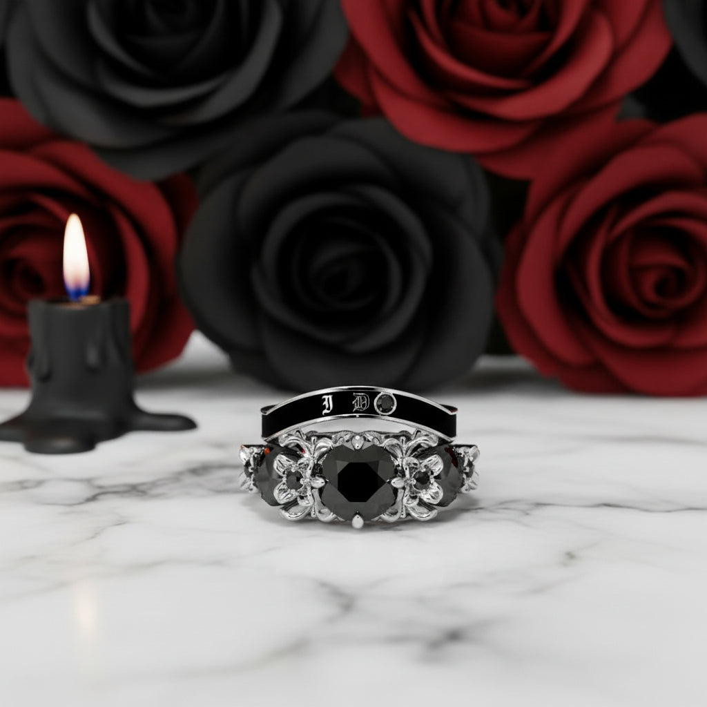 I Do Wedding Rings - 1.5 Ct Round Cut Diamond Skull Wedding Rings in 14K White Gold and Black Enamel-Black Diamonds New York