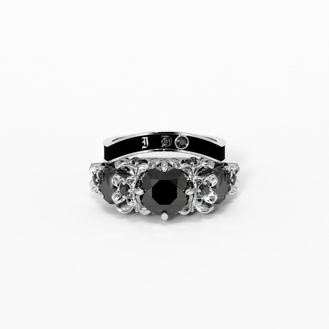 I Do Wedding Rings- 1.5ct Round Cut Diamond Skull Wedding Rings in 14k White Gold and Black Enamel - Black Diamonds New York