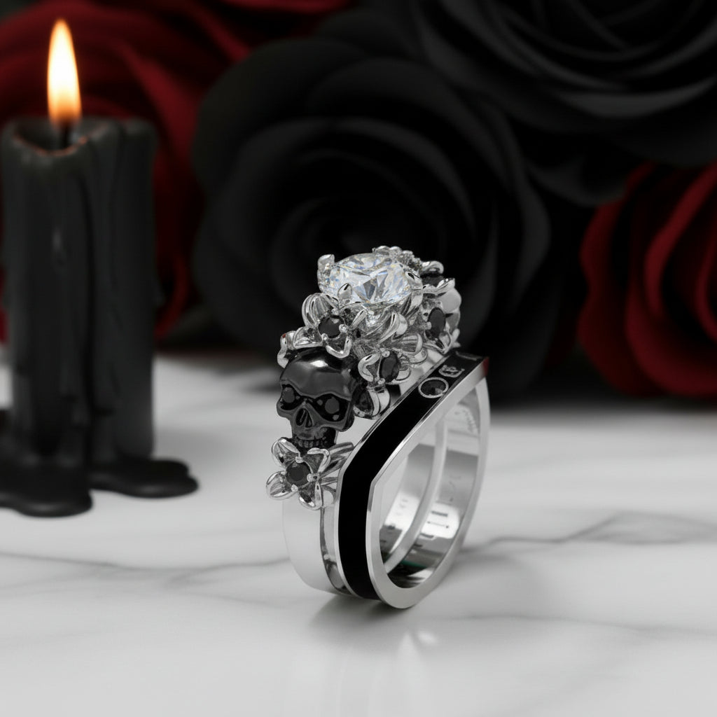 I Do Wedding Rings - 1.5 Ct Round Cut Diamond Skull Wedding Rings in 14K White Gold and Black Enamel-Black Diamonds New York