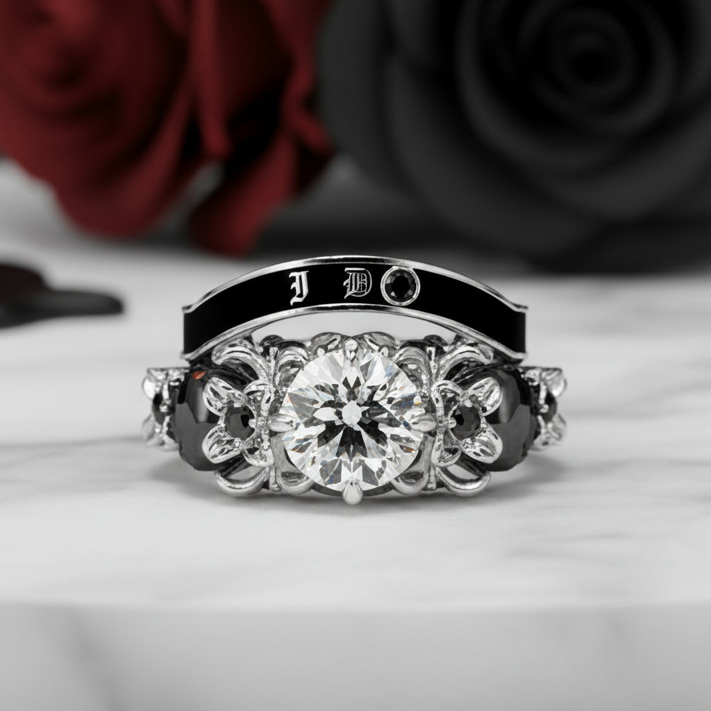 I Do Wedding Rings - 1.5 Ct Round Cut Diamond Skull Wedding Rings in 14K White Gold and Black Enamel-Black Diamonds New York