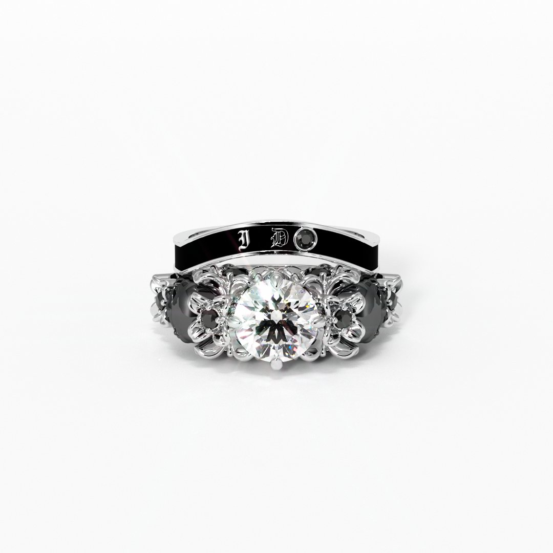 I Do Wedding Rings- 1.5ct Round Cut Diamond Skull Wedding Rings in 14k White Gold and Black Enamel - Black Diamonds New York