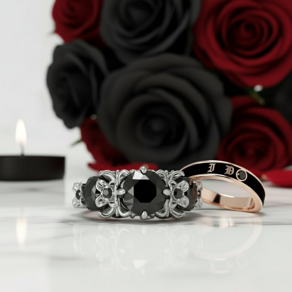 I Do Wedding Rings - 1.5 Ct Round Cut Diamond Skull Wedding Rings in 14K White Gold and Black Enamel-Black Diamonds New York