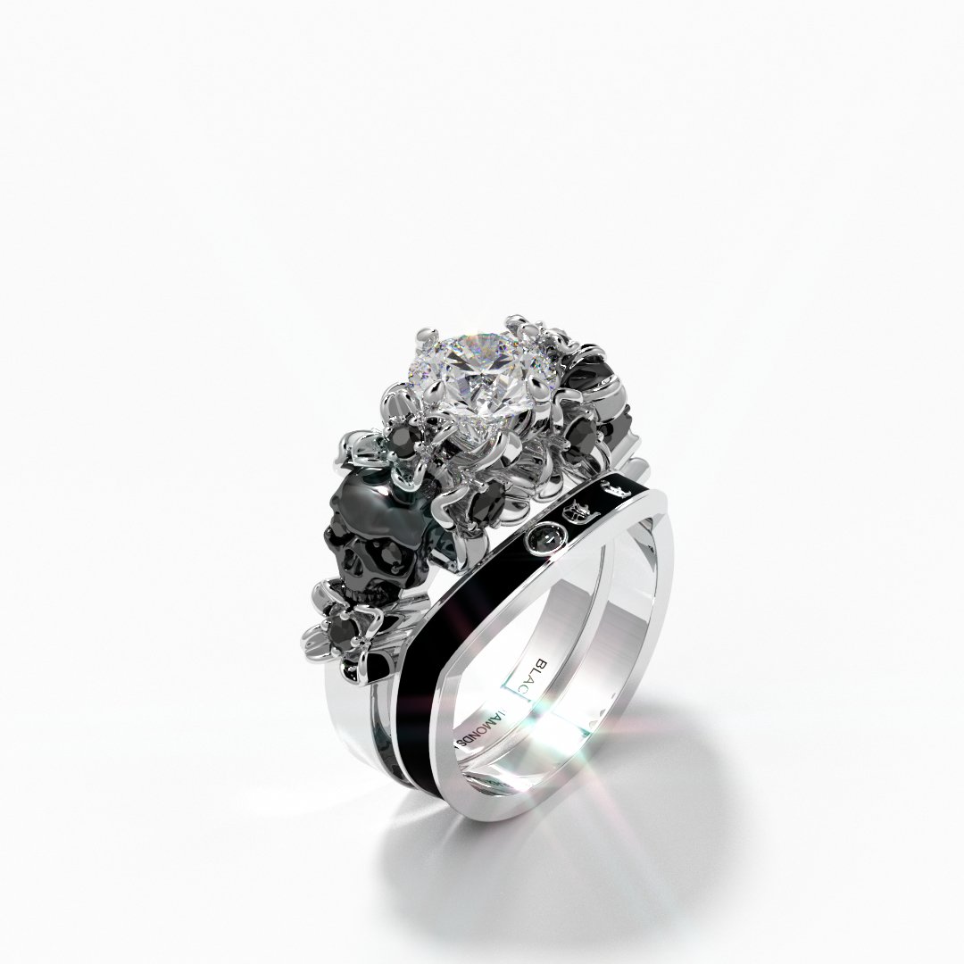 I Do Wedding Rings- 1.5ct Round Cut Diamond Skull Wedding Rings in 14k White Gold and Black Enamel-Black Diamonds New York