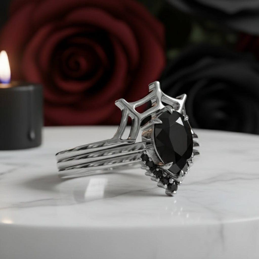 I Got You- 3pc Black Pear Cut Diamond Option Spider Web Promise Ring-Black Diamonds New York