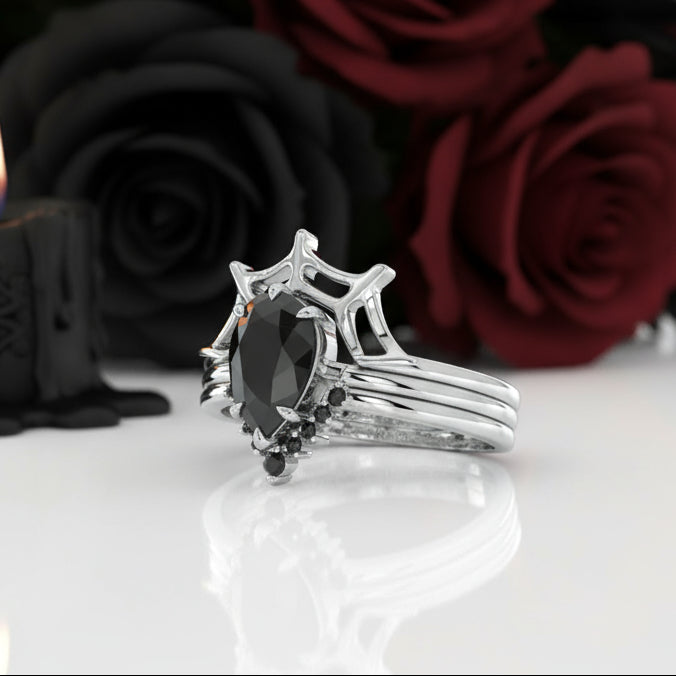 I Got You- 3pc Black Pear Cut Diamond Spider Web Promise Ring-Black Diamonds New York