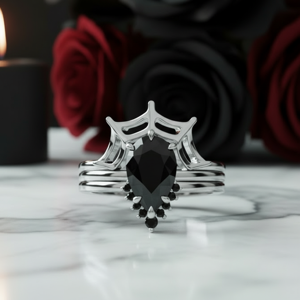 I Got You- 3pc Black Pear Cut Diamond Spider Web Promise Ring-Black Diamonds New York