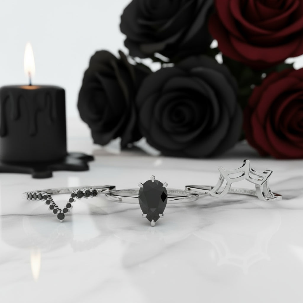 I Got You- 3pc Black Pear Cut Diamond Option Spider Web Promise Ring-Black Diamonds New York