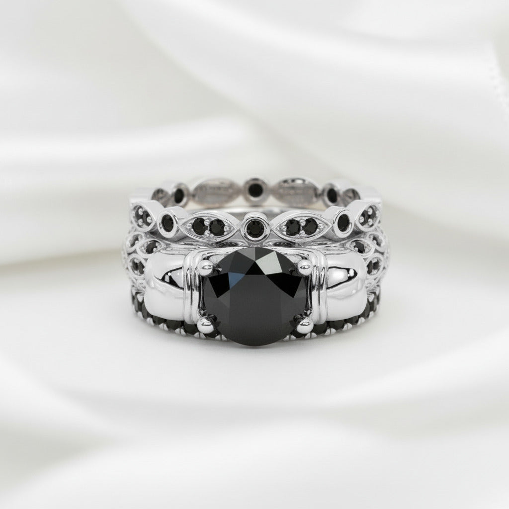 I love You Three Times More- 3PC 1 Carat Diamond Option Skull Ring Set-Black Diamonds New York