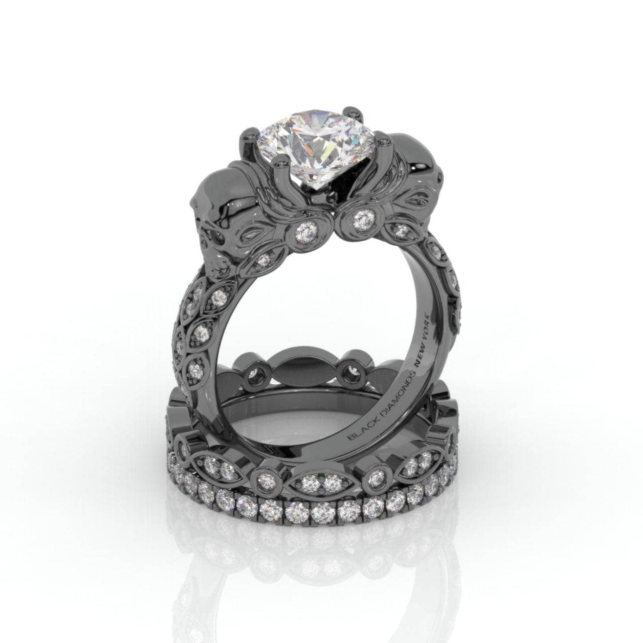 I love You Three Times More- 3PC 1 Carat Diamond Skull Ring Set-Black Diamonds New York