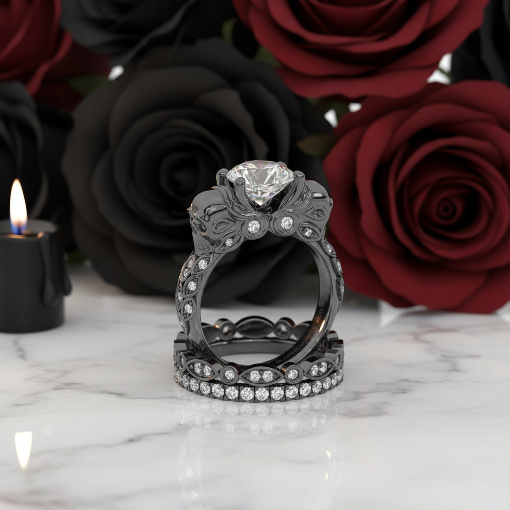I love You Three Times More- 3PC 1 Carat Diamond Option Skull Ring Set-Black Diamonds New York