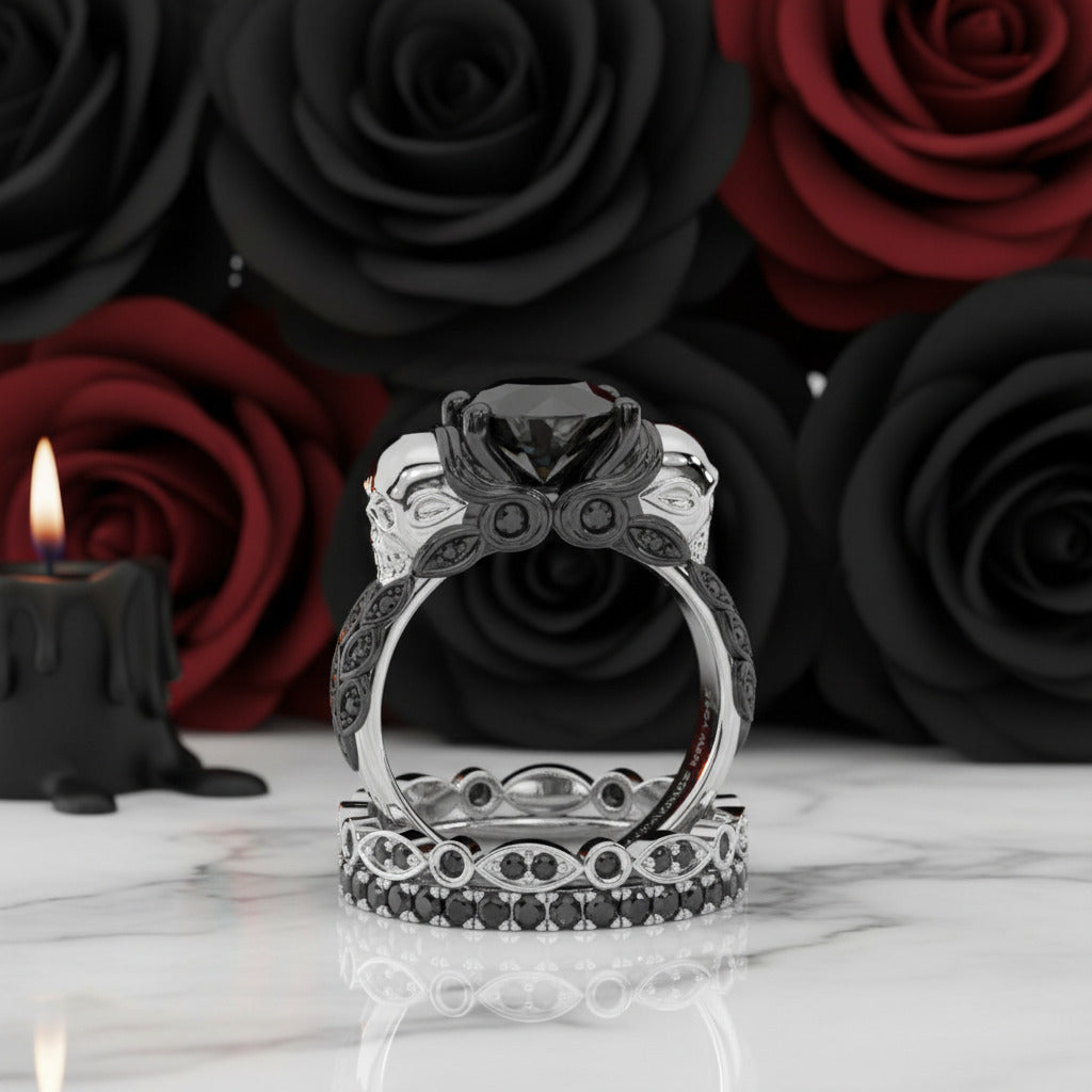 I love You Three Times More- 3PC 1 Carat Diamond Option Skull Ring Set-Black Diamonds New York