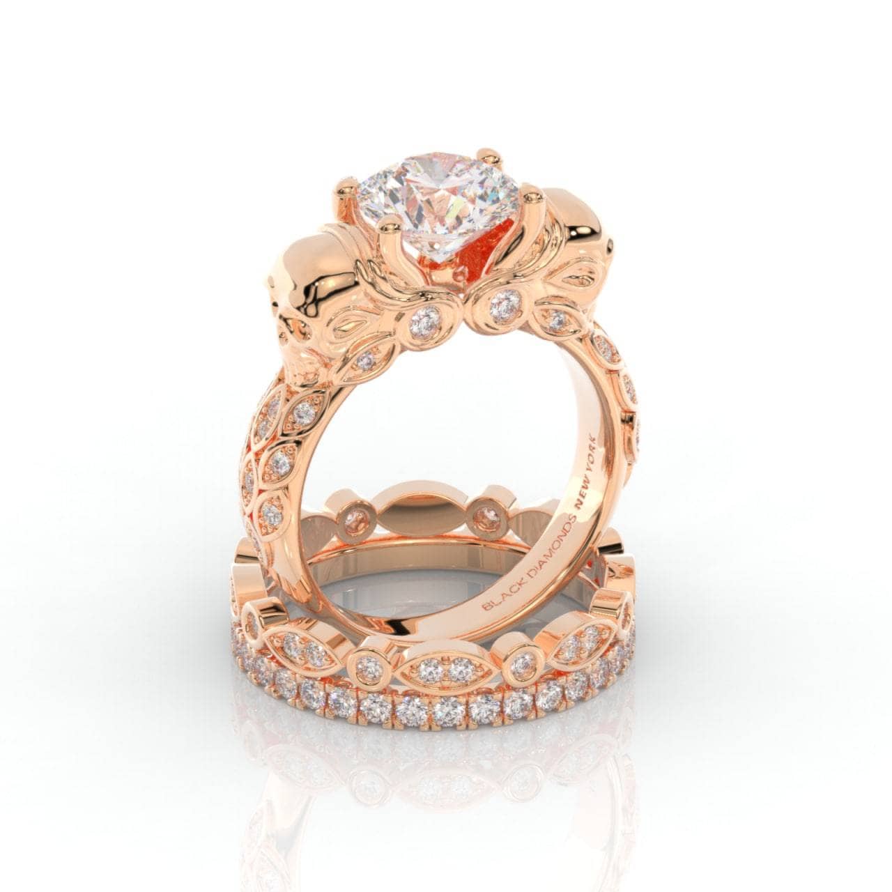 I love You Three Times More- 3PC 1 Carat Diamond Skull Ring Set-Black Diamonds New York