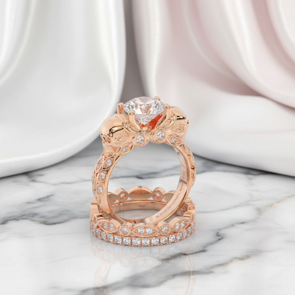 I love You Three Times More- 3PC 1 Carat Diamond Option Skull Ring Set-Black Diamonds New York