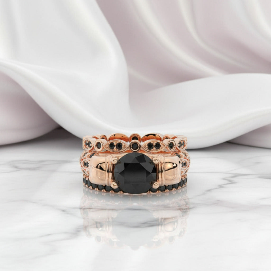 I love You Three Times More- 3PC 1 Carat Diamond Option Skull Ring Set-Black Diamonds New York