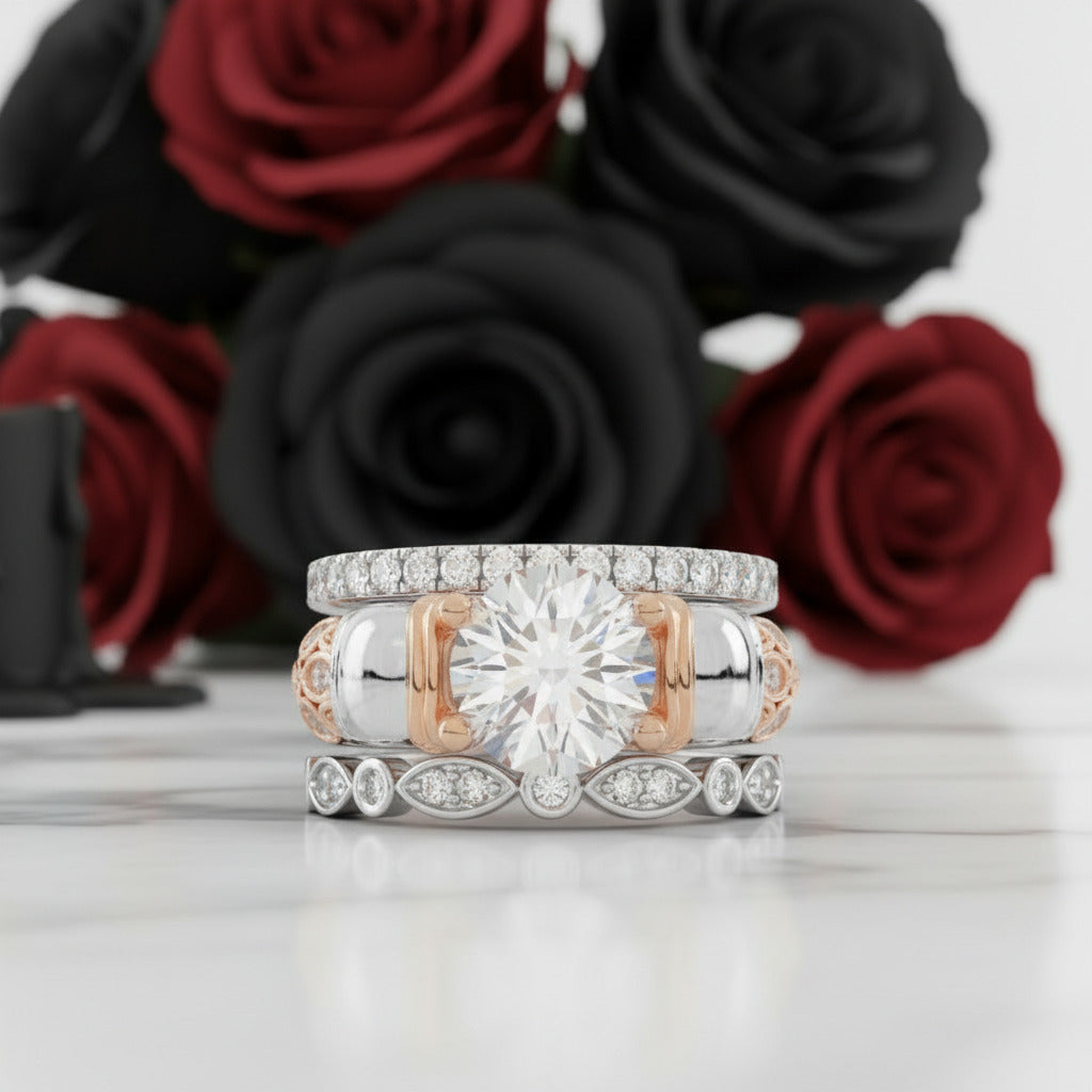 I love You Three Times More- 3PC 1 Carat Diamond Option Skull Ring Set-Black Diamonds New York