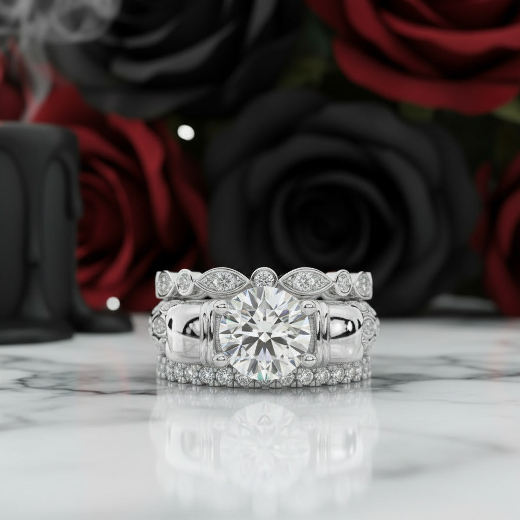 I love You Three Times More- 3PC 1 Carat Diamond Option Skull Ring Set-Black Diamonds New York