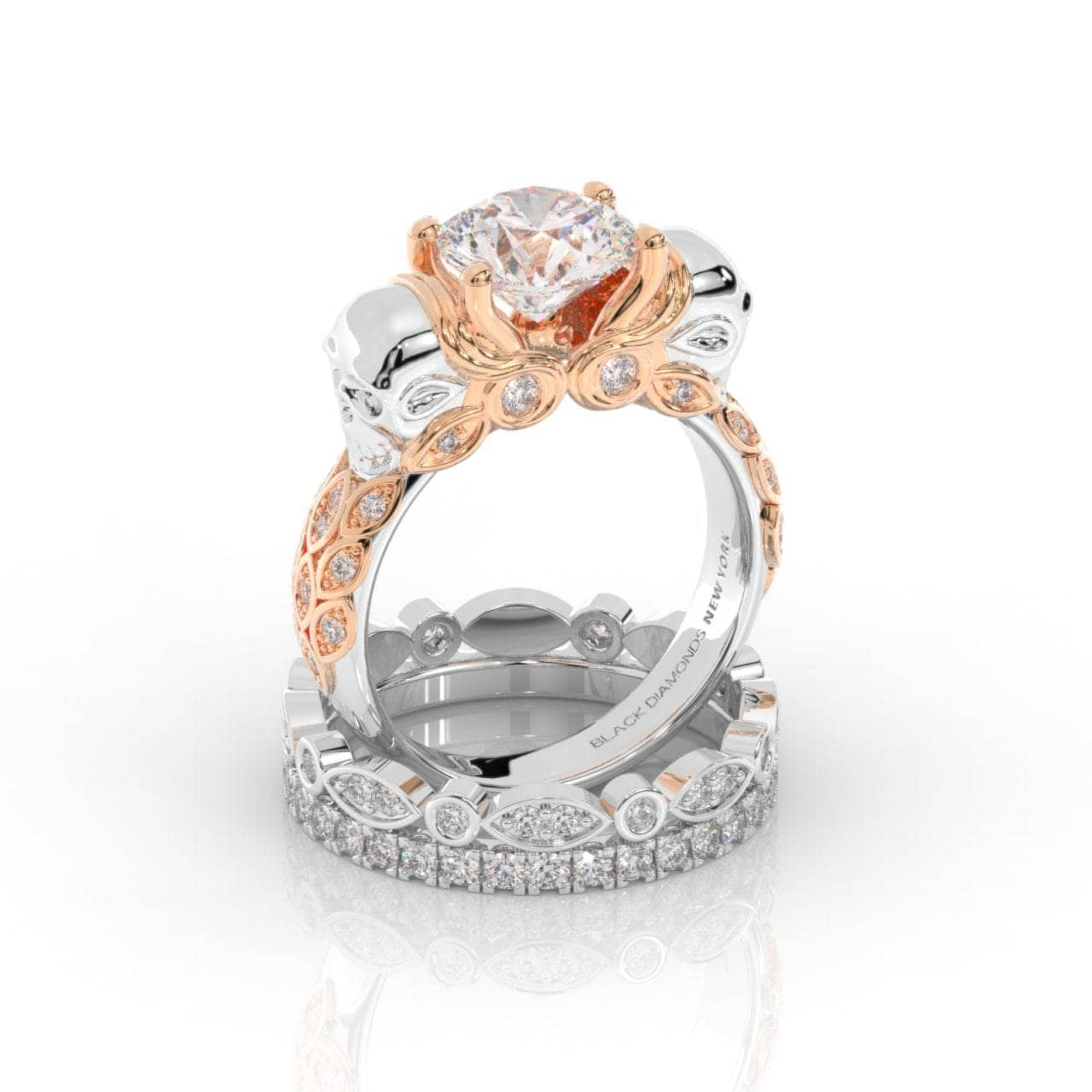 I love You Three Times More- 3PC 1 Carat Diamond Skull Ring Set-Black Diamonds New York