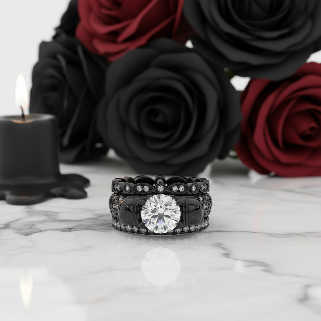 I love You Three Times More- 3PC 1 Carat Diamond Option Skull Ring Set-Black Diamonds New York