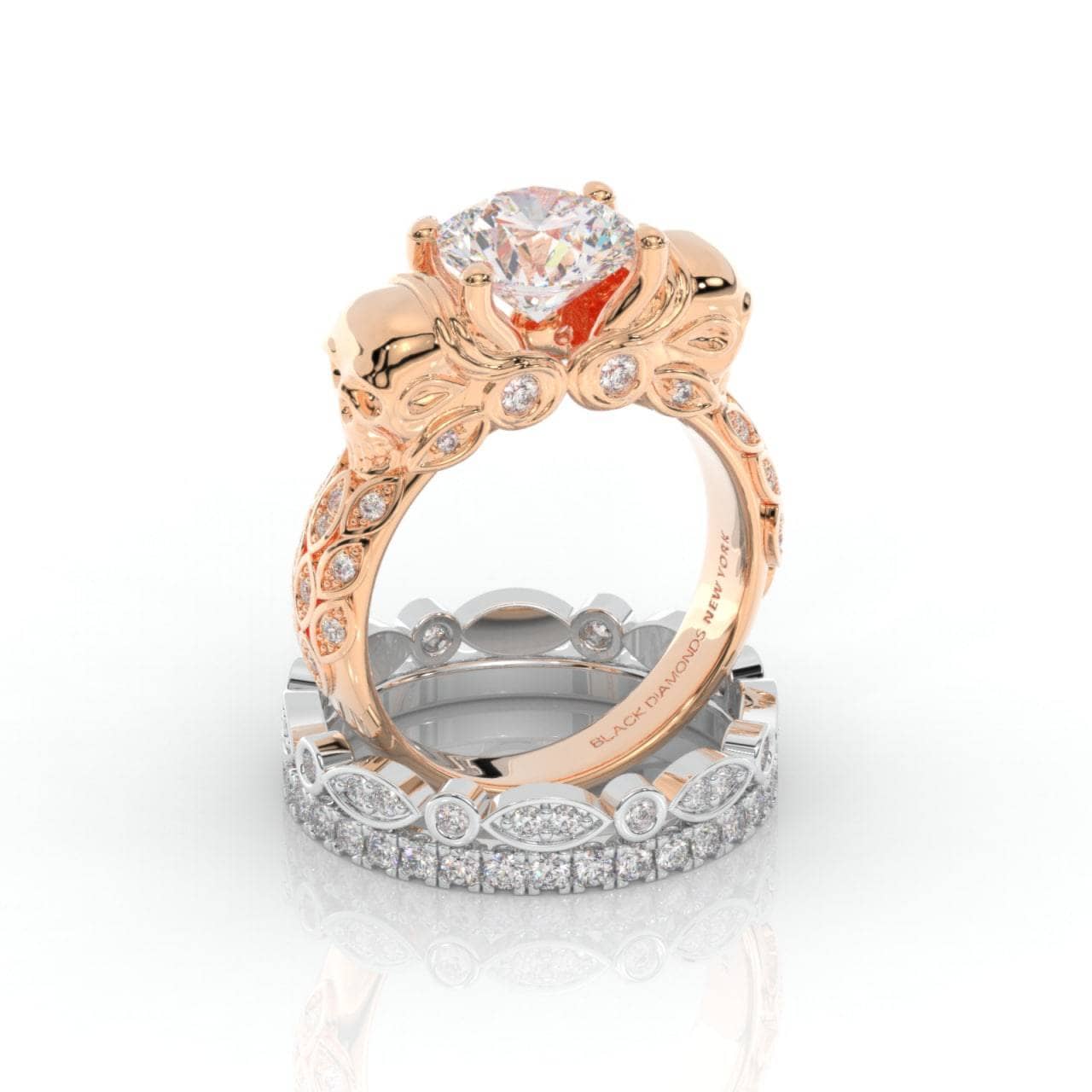 I love You Three Times More- 3PC 1 Carat Diamond Skull Ring Set-Black Diamonds New York