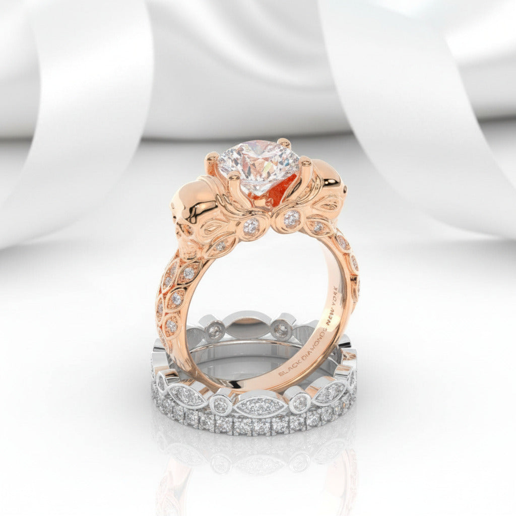 I love You Three Times More- 3PC 1 Carat Diamond Option Skull Ring Set-Black Diamonds New York