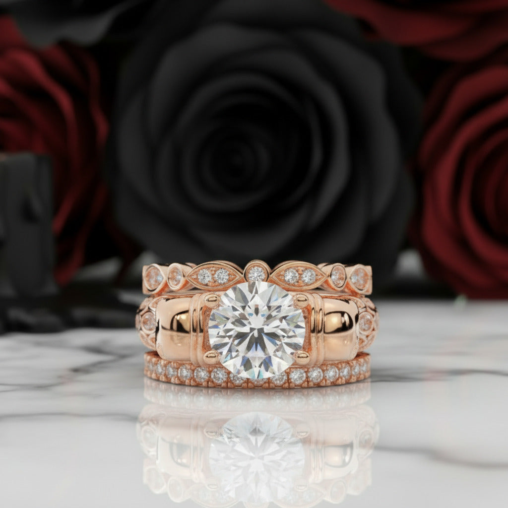 I love You Three Times More- 3PC 1 Carat Diamond Option Skull Ring Set-Black Diamonds New York