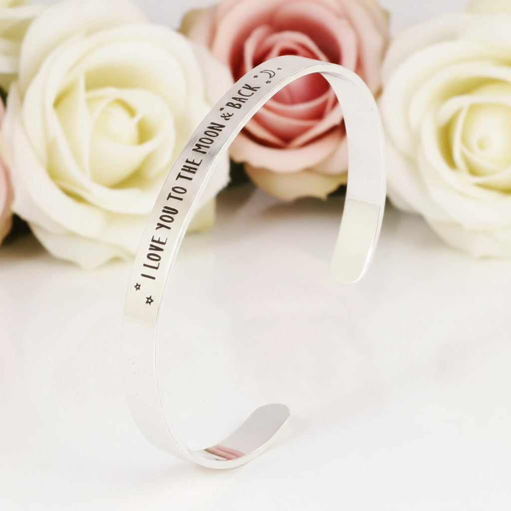 I Love You To The Moon And Back Stainless Steel Bangle-Black Diamonds New York