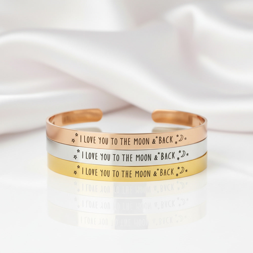 I Love You To The Moon And Back Stainless Steel Bangle-Black Diamonds New York