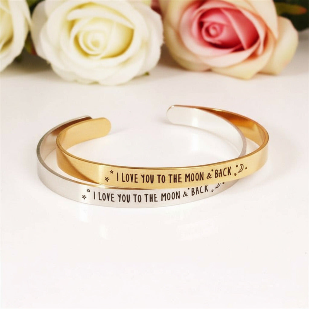I Love You To The Moon And Back Stainless Steel Bangle-Black Diamonds New York